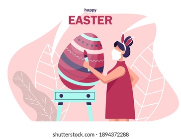 Happy Easter. Happy woman wearing a mask to prevent coronavirus celebrating Easter and painting Easter eggs. Traditional spring holidays design elements and characters.Happy Easter.
