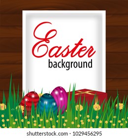 Happy Easter wooden background with eggs, grass, flowers and present. Vector illustration.
