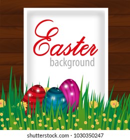 Happy Easter wooden background with eggs and grass, flowers. Vector illustration.