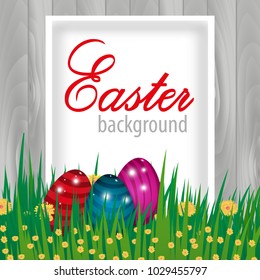 Happy Easter wooden background. Template Card with eggs and grass, flowers. Vector illustration.