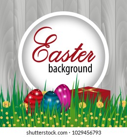 Happy Easter wooden background. Template Card with eggs, grass, flowers and present box. Vector illustration.