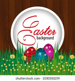 Happy Easter wooden background. Template Card with eggs and grass, flowers. Vector illustration.