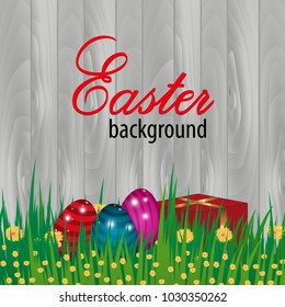 Happy Easter wooden background. Template Card with eggs, grass, flowers and present box. Vector illustration.