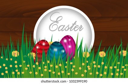 Happy Easter wooden background. Template horizontal Card with eggs and grass, flowers. Vector illustration.