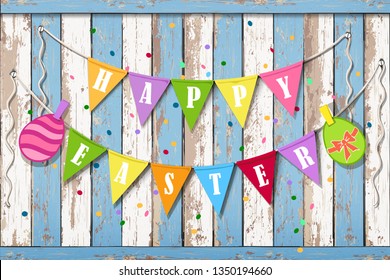 Happy Easter wooden background. Vintage banner with garland of colour decoration flags and confetti