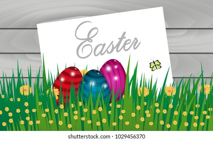 Happy Easter wooden horizontal background. Template Card with eggs and grass, flowers. Vector illustration.