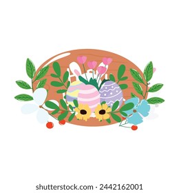 happy easter wooden sign with decoration variant. easter egg, rabbit, botanical wreath