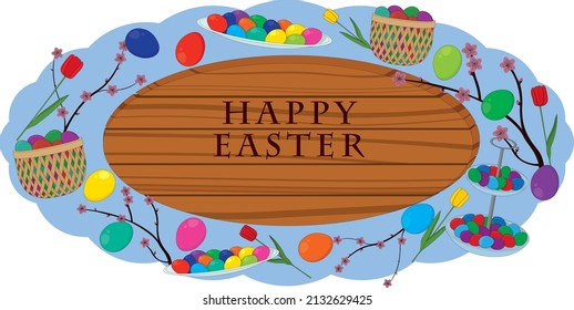 Happy easter wooden signboard decorated with eggs and flowers vector illustration