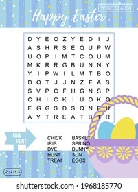 Happy Easter word search puzzle with basket. Educational game for kids. Holiday crossword. Party card.  
Festive colorful page worksheet for learning English words. Vector illustration