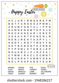 Happy Easter word search puzzle. Educational game for kids. Holiday crossword. Party card.  
Festive colorful page worksheet for learning English words. Vector illustration