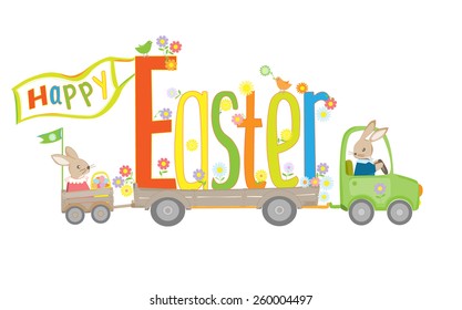 Happy Easter words and bunnies riding a wagon wit eggs, flowers, flag and birds