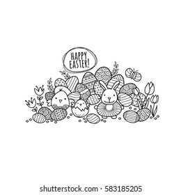 Happy easter words with lots of multi colored easter eggs, a bunny, chicks, butterflies, and flowers