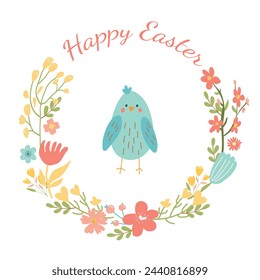 Happy easter wreath with bird and flowers. Template for postcard or invitation.