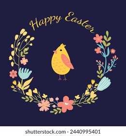 Frohe Ostern, Kranz mit Vogel und Blumen. Vorlage für Postkarte oder Einladung.