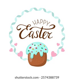 Happy easter. Wreath with easter cake and decor. Cute frame. Greeting card. Vector illustration. On white background.