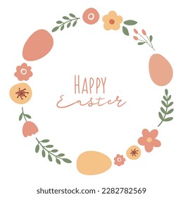 Happy Easter wreath card, Cute bunny illustration clipart, Floral circle frame, vector images in flat cartoon style, digital download printable pictures, wall art print.