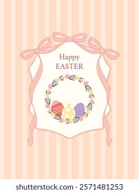 Happy Easter. Easter wreath and Easter eggs in vintage frame with ribbons. Retro style poster. Vector illustration.