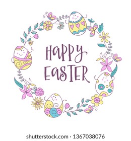 happy Easter. Wreath of flowers, herbs and cheerful painted Easter eggs. Greeting card in cartoon style.