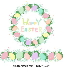 Happy easter wreath made of easter eggs and leaf with cute lettering phrase happy easter.