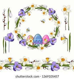 Happy easter wreath of narcissus and crocus, snowdrop and willow. Easter eggs and seamless border.