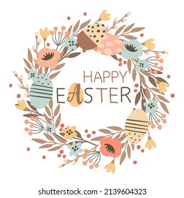 Happy Easter wreath on a white background. Vector flowers and Easter eggs. Spring hand drawn vector illustration.