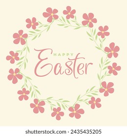 Happy Easter wreath with pink flowers, hand drawn . Decorative frame of spring flowers, inscription Happy Easter for banner, print, card.