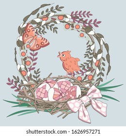 Happy easter! Easter wreath of spring branches and flowers. Vector design christian holiday symbols in flat style.