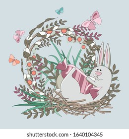 Happy easter! Easter wreath of spring branches and flowers. Vector design christian holiday symbols in flat style.