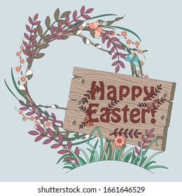 Happy easter! Easter wreath of spring branches and flowers. Vector design christian holiday symbols in flat style.