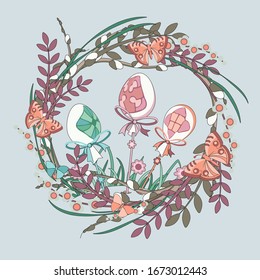 Joyeuses Pâques ! Courbe de Pâques de branches de printemps et de fleurs. Image vectorielle création de symboles chrétiens de vacances à plat.
