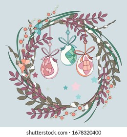 Happy easter! Easter wreath of spring branches and flowers. Vector design christian holiday symbols in flat style.
