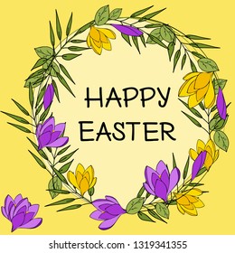 Happy easter wreath with spring flowers