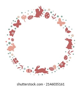 Happy easter wreath - Vector illustration with white silhouettes of bunnies, butterflies, Easter eggs and flowers - decorative elements isolated on white background - Vector Illustration concept