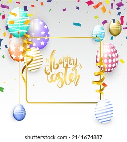 Happy Easter wreath with easter Website header or banner design.  Easter sale Holiday background with painted eggs, gift, 