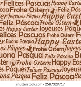 Happy Easter written in several languages ​​Italian, French, German, Spanish and Portuguese in chocolate colors