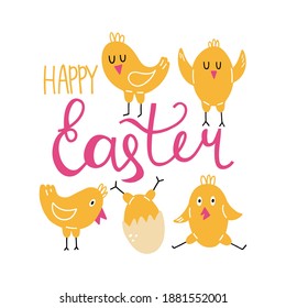 Frohe Ostern! Happy-gelbes Hühnchen, Doodle-Baby-Vogel im Ei, Geflügel-Bauernhof süße Kreatur-Cartoon minimalistischer Art Postkarte mit handgezeichneter Kalligrafie-Text, Vektorgrafik einfaches, isoliertes Poster