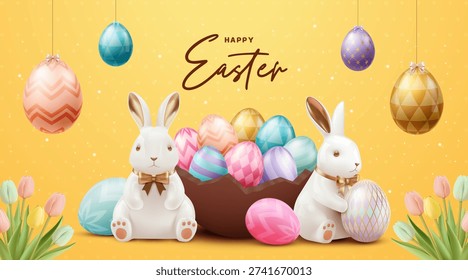 Happy Easter Yellow Background with Cute Bunny and Colorful Eggs 3D Festive Banner