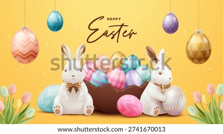 Happy Easter Yellow Background with Cute Bunny and Colorful Eggs 3D Festive Banner