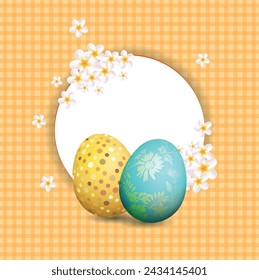 Happy Easter yellow background with realistic golden shine decorated eggs and Flowers