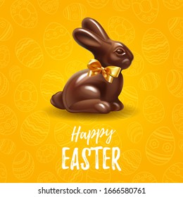 Happy Easter yellow background template with delicious chocolate Easter bunny or rabbit in seamless holiday background. Happy Easter big hunt or sale banner lettering with Colorful Eggs. Vector 