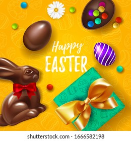 Happy Easter yellow background template with chocolate Easter eggs ,bunny, sweets beautiful camomiles, gift and colored eggs. Happy Easter big hunt or sale banner lettering with Colorful Eggs. Vector 