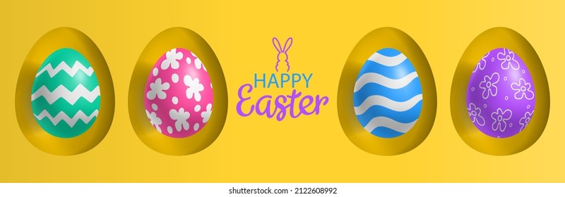 happy easter yellow banner with decorative colorful eggs vector illustration