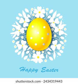 Happy Easter. Yellow Easter egg on the background of a wreath of wildflowers. Realistic egg and white silhouettes of herbs and flowers on blue background.