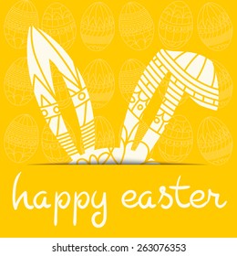 Happy Easter yellow invitation with eggs and decorated ears rabbit and inscription happy easter Vector eps 10