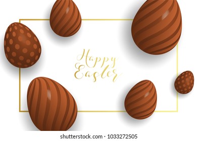 Happy Easter yellow,blue background with chocolate egg, confetti and ribbon. Egg hunt for children template layout. Vector illustration. Easter. Sale template.