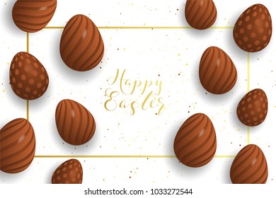 Happy Easter yellow,blue background with chocolate egg, confetti and ribbon. Egg hunt for children template layout. Vector illustration. Easter. Sale template.
