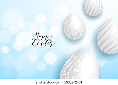 Happy Easter yellow,blue background with colorful egg, confetti and ribbon. Egg hunt for children template layout. Vector illustration. Easter. Sale template.