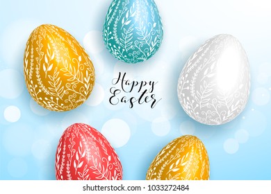 Happy Easter yellow,blue background with colorful egg, confetti and ribbon. Egg hunt for children template layout. Vector illustration. Easter. Sale template.