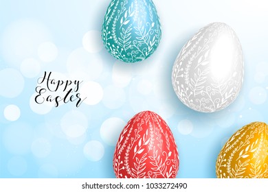 Happy Easter yellow,blue background with colorful egg, confetti and ribbon. Egg hunt for children template layout. Vector illustration. Easter. Sale template.