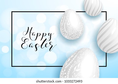 Happy Easter yellow,blue background with colorful egg, confetti and ribbon. Egg hunt for children template layout. Vector illustration. Easter. Sale template.